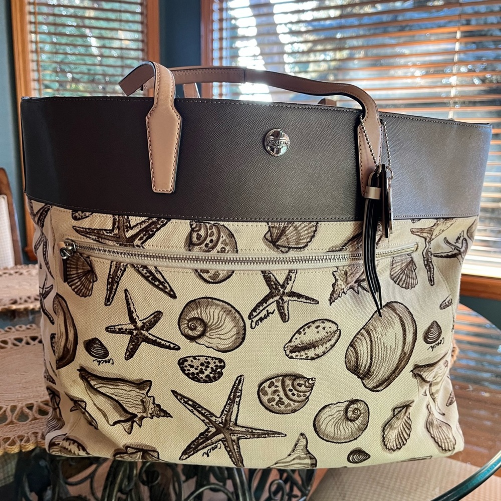 Coach Beige and Brown Shell Print Canvas Tote